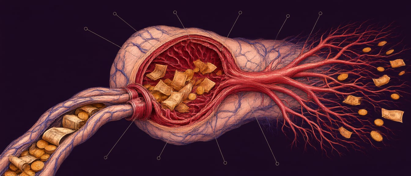 Anatomical plate of the dividend organ in cutaway, intake vessels at lower left, arterial fan at right