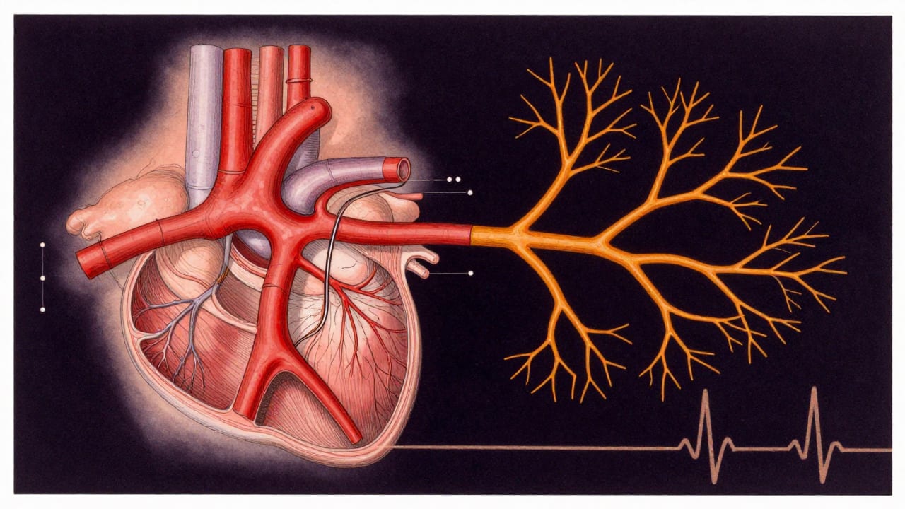 Closed circulation loop, crimson trunk splitting into an arterial tree with a return vein
